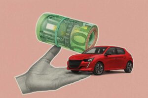 Illustrazione auto e mazzetta di banconote euro in mano