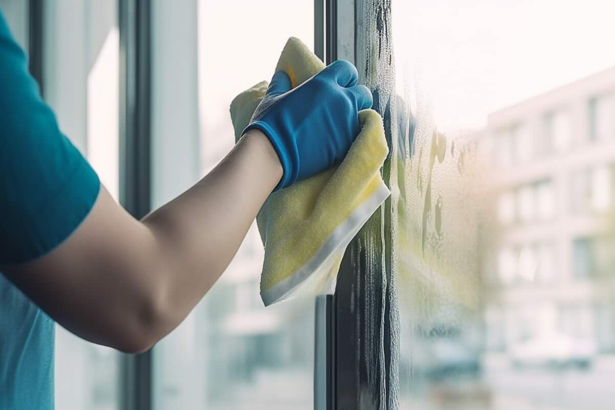 pulire vetro finestra con guanto e panno azzurro